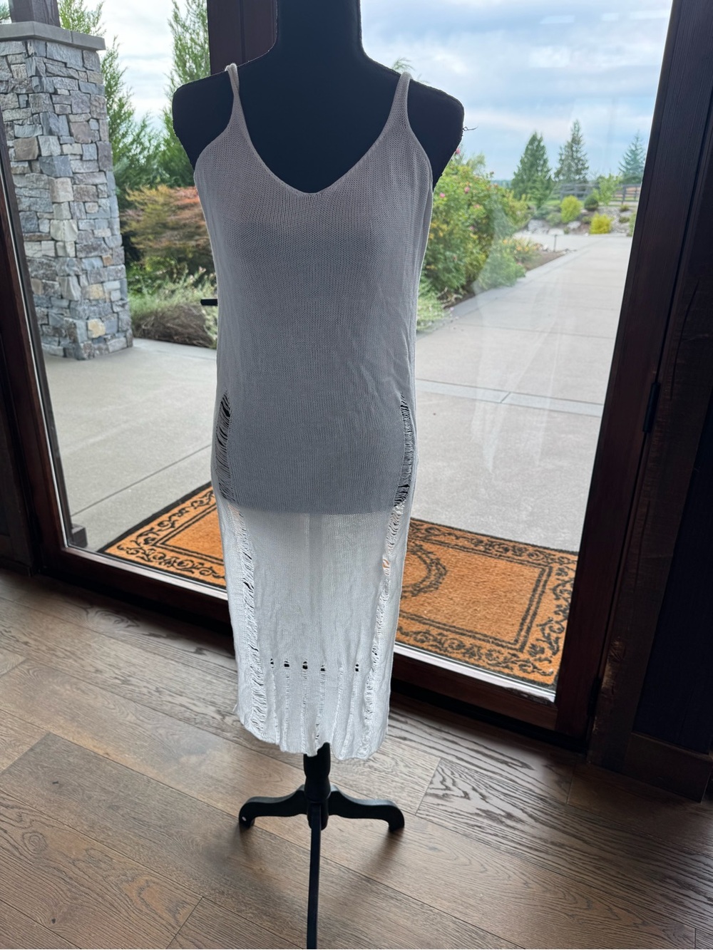 White Open Knit Maxi Swim Cover Up Distressed Beach Dress